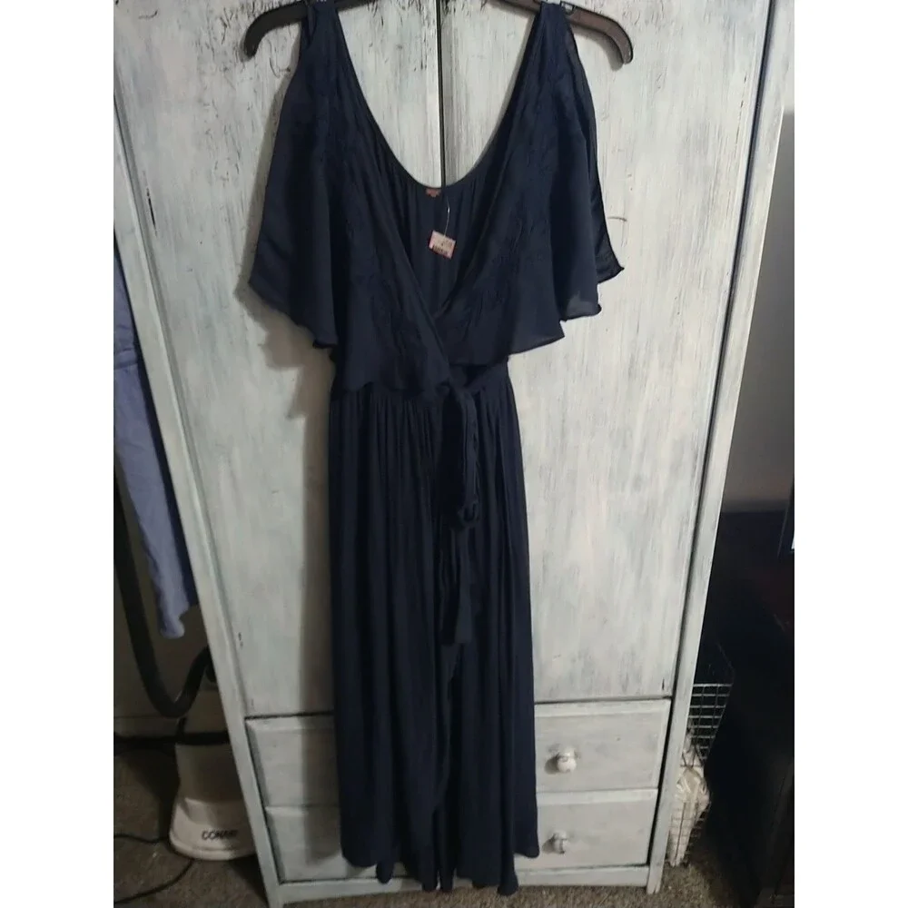 Free People Sleeveless V-neck Maxi Wrap Embroidered Dress Sm Blue Boho Beachy